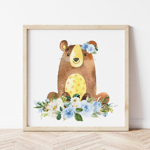 Poster Ours, Animaux Boisés, Boho, Fleurs Bleues