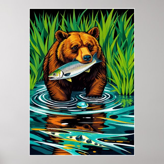 Poster Ours avec prise - Scène Saumon audacieuse de la ri (Devant)