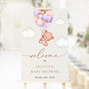 Poster Ours, Ballons pourpres, Baby shower Bienvenue