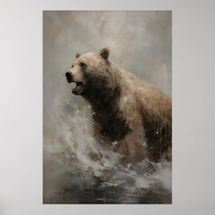 Poster Ours barbotant dans l'eau, art animalier sombre