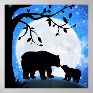 Poster Ours bébé et maman silhouette de lune sous les éto