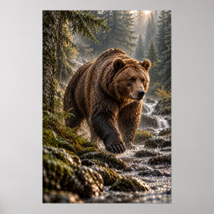 Poster Ours Brun Marchant Dans Un Ruisseau De Forêt Faune