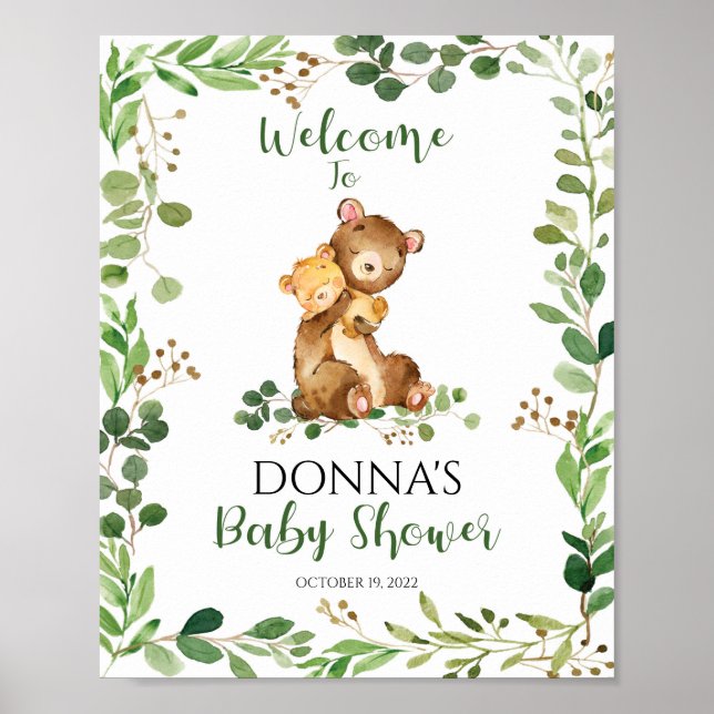Poster Ours d'Affiche de bienvenue Baby shower de bois (Devant)