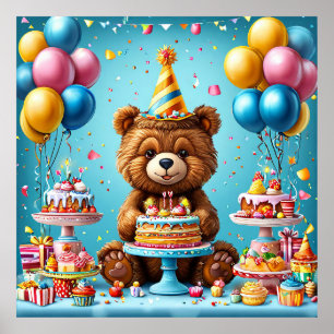 Poster Ours d'anniversaire avec gâteau et ballons