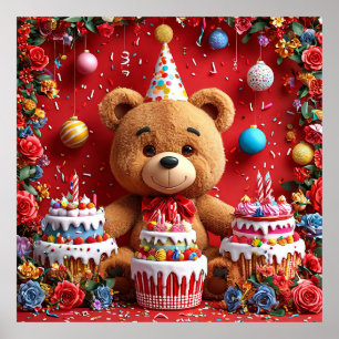 Poster Ours d'anniversaire avec gâteau et ballons pour en
