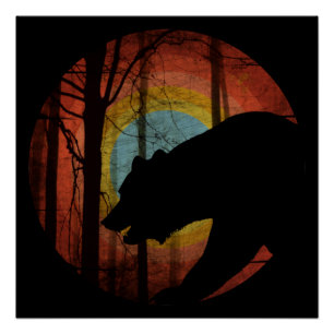 POSTER OURS DANS LES BOIS FORET VINTAGE