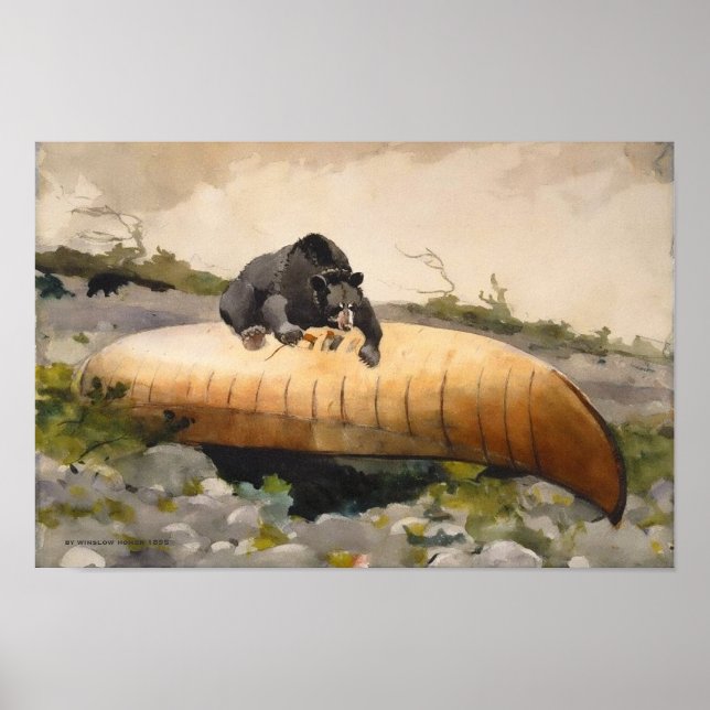 Poster Ours d'art rétro nature avec canot (Devant)