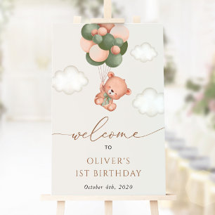 Poster Ours de bébé, Ballons verts, Bienvenue pour le pre