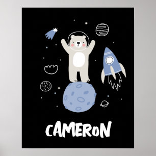 Poster Ours de dessin animé mignon dans l'espace