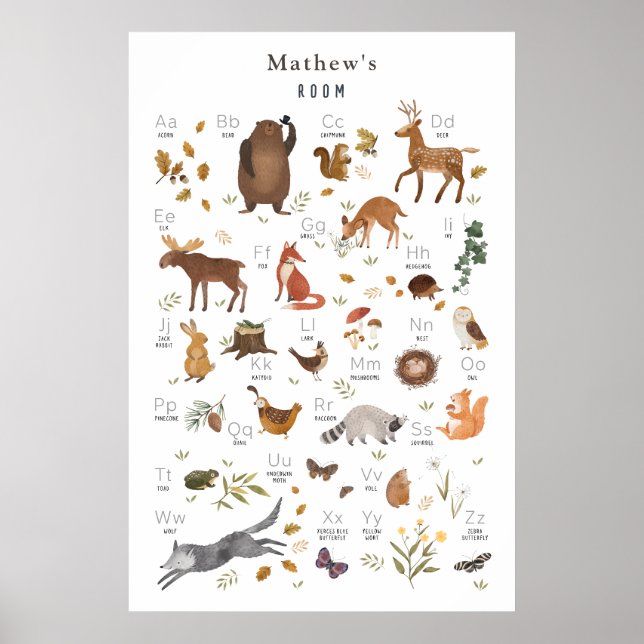 Poster Ours de l'alphabet ludique pour enfants Forêt bois (Devant)