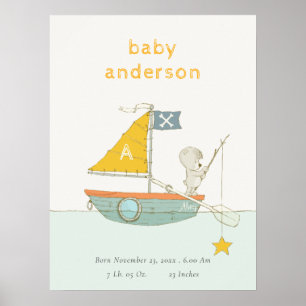 Poster Ours de pêche mignon étoile voilier enfants monogr