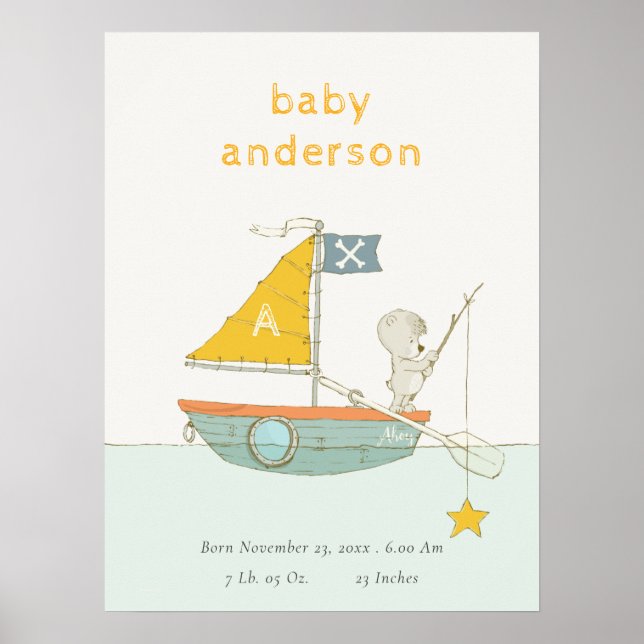 Poster Ours de pêche mignon Star voilier enfants monogram (Devant)