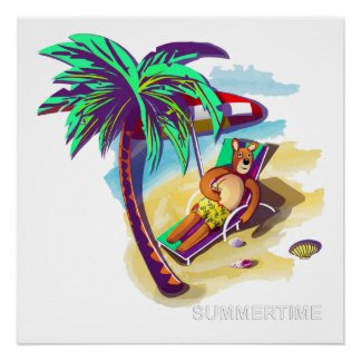 Poster Ours d'été relaxant sur une plage tropicale