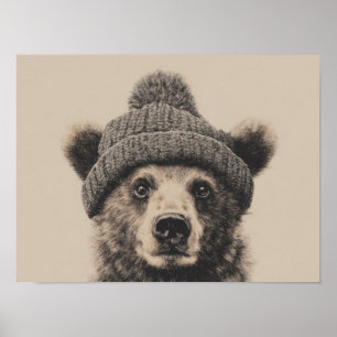 Poster Ours en bonnet - Joli animal d'hiver 