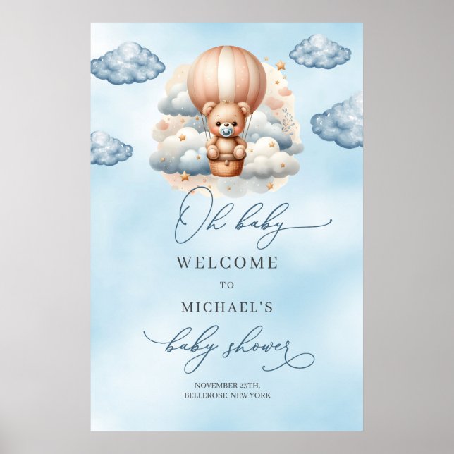 Poster Ours en peluche aquarelle accueil montgolfière (Devant)