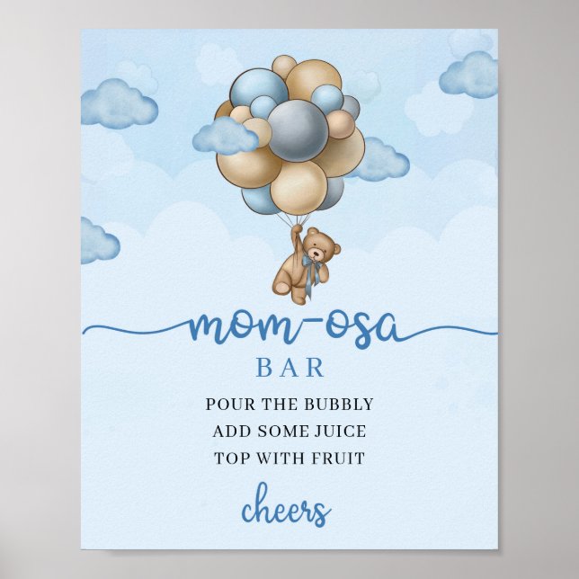 Poster Ours en peluche bleu brun ballons Maman-osa bar Si (Devant)