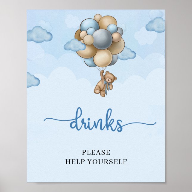 Poster Ours en peluche bleu brun ballons signe de table b (Devant)