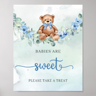 Poster Ours en peluche bleu floral sauge vert bébés sont