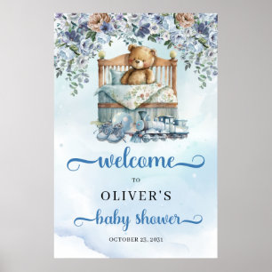 Poster Ours en peluche en berceau baby shower bleu poussi