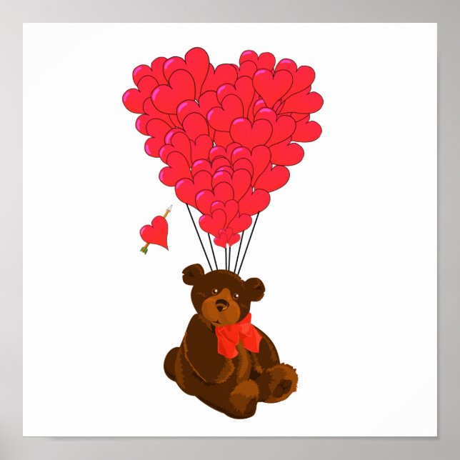 Poster Ours en peluche et ballons cardiaques (Devant)