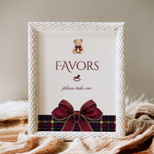 Poster Ours en peluche favoris rouge ruban doré carreaux