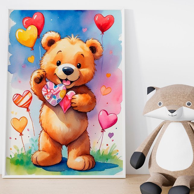 Poster Ours en peluche heureux avec un cadeau en forme de (Créateur téléchargé)