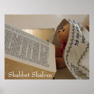 Poster Ours en peluche juif portant tallit Shabbat Shalom