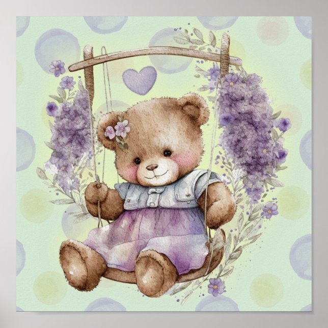 Poster Ours en peluche marron Balançant une robe lavande  (Devant)