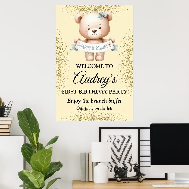 Poster Ours en peluche mignon avec bannière du Brithday (Bureau à domicile)