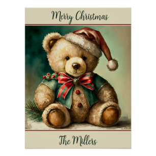 Poster Ours en peluche Noël vintage personnalisé