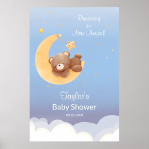 Poster Ours en peluche rêvant Lune Douce Bleue Baby Showe