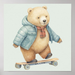 Poster Ours en peluche sur planche à roulettes