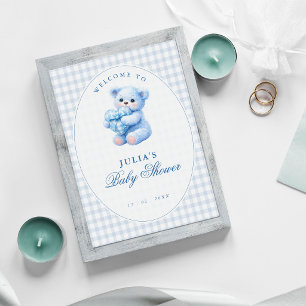 Poster Ours en tissu à carreaux bleus Baby Shower Neutre