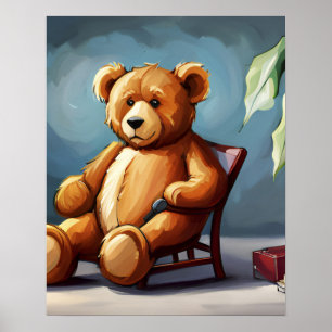Poster Ours en tourbe bleu Brown assis sur la chaise