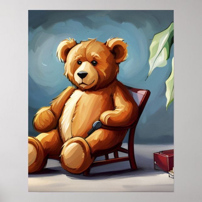 Poster Ours en tourbe bleu Brown assis sur la chaise (Devant)