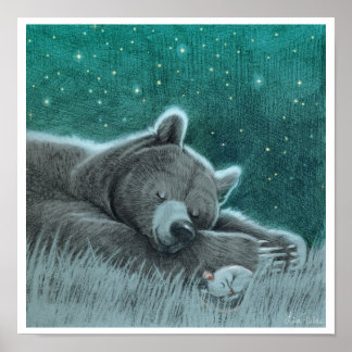 Poster Ours endormi et empreinte de souris