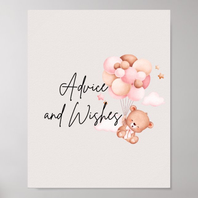 Poster Ours et ballons roses Conseils et voeux (Devant)