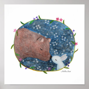 Poster Ours et lapin dans la forêt se trouver mutuellemen