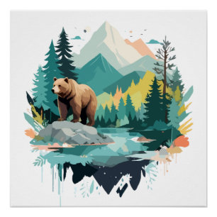 Poster Ours Faune Animaux Nature Extérieure Aquarelle