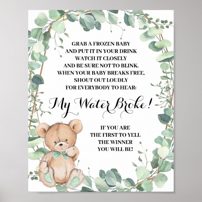 Poster Ours Green My Water Broke Baby shower Jeu (Devant)