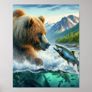 Poster Ours grizzli avec truite arc-en-ciel saumon 8x10