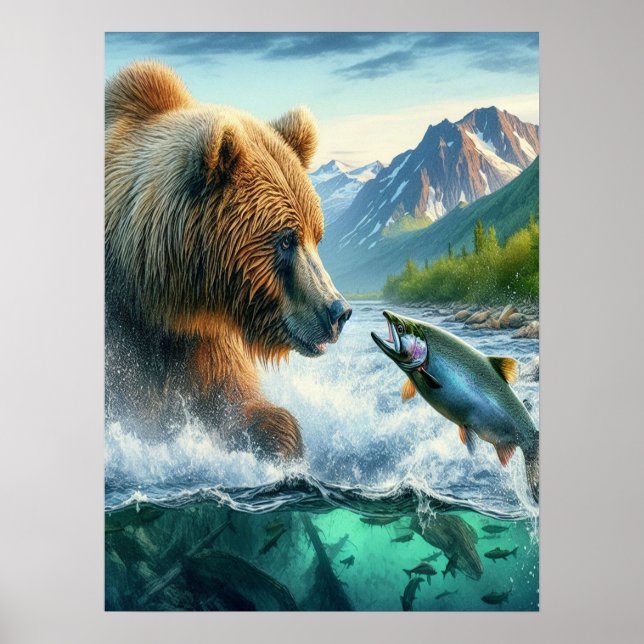 Poster Ours grizzlis avec saumon à truite arc-en-ciel 18x (Devant)