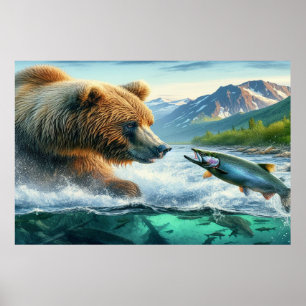 Poster Ours grizzlis avec saumon à truite arc-en-ciel 36x