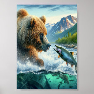 Poster Ours grizzlis avec truite arc-en-ciel saumon 5x7
