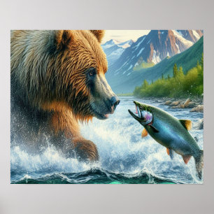 Poster Ours Grizzly avec saumon à truite arc-en-ciel 16x2