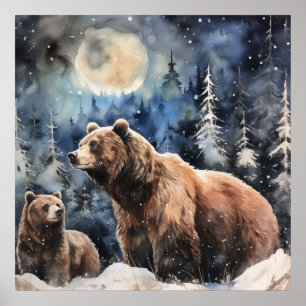 Poster Ours Grizzly et Bébé
