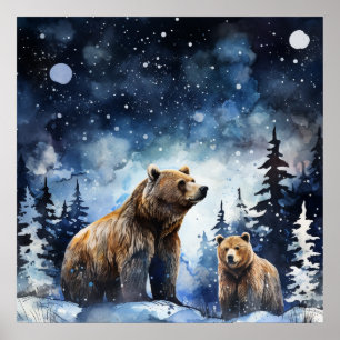 Poster Ours Grizzly et bébé