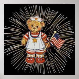 Poster Ours infirmière vintage avec feux d'artifice blanc