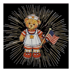 Poster Ours Infirmière Vintage Moderne Blanc Feu d'Artifi