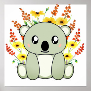 Poster Ours Koala mignon avec fleurs